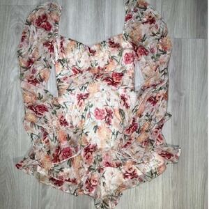 Atikshop Floral Print Puff Sleeve Romper Womens Size S Ruffle Mini Dress